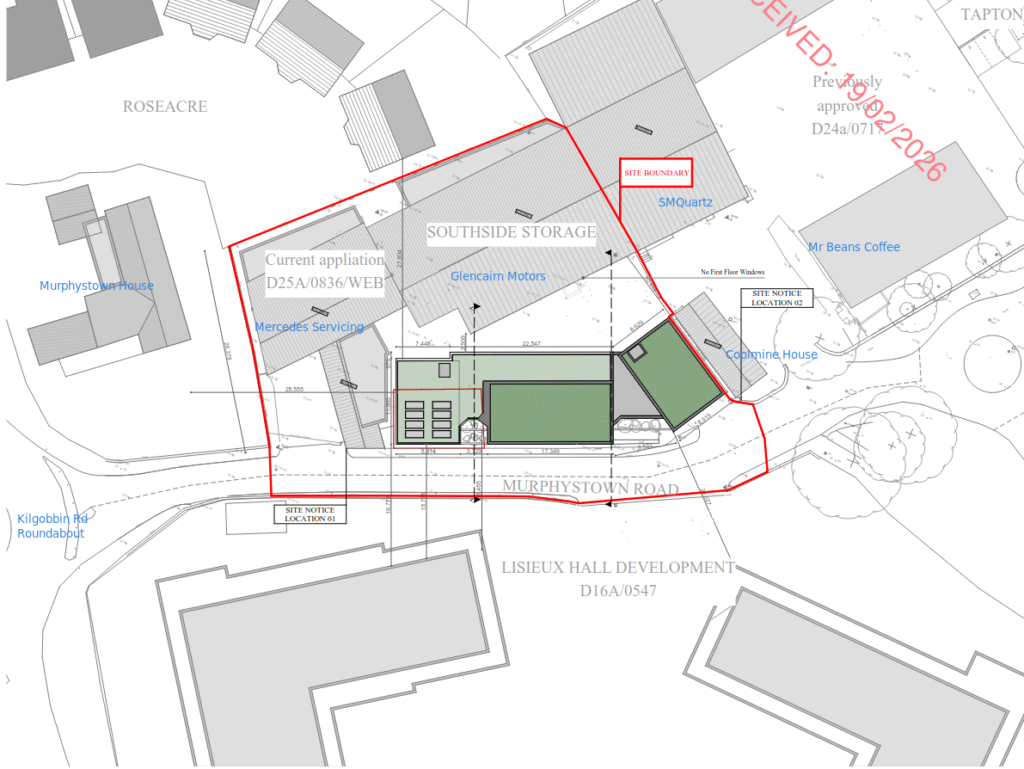 The development is planned to be sited along the shared pedestrian and vehicle portion of the Murphystown road, directly opposite the newly completed Lisieux Hall complex.